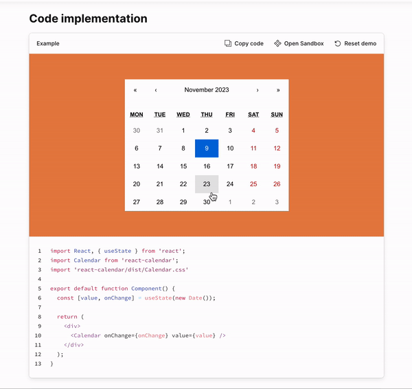 A gif of live react block for calendar in action.