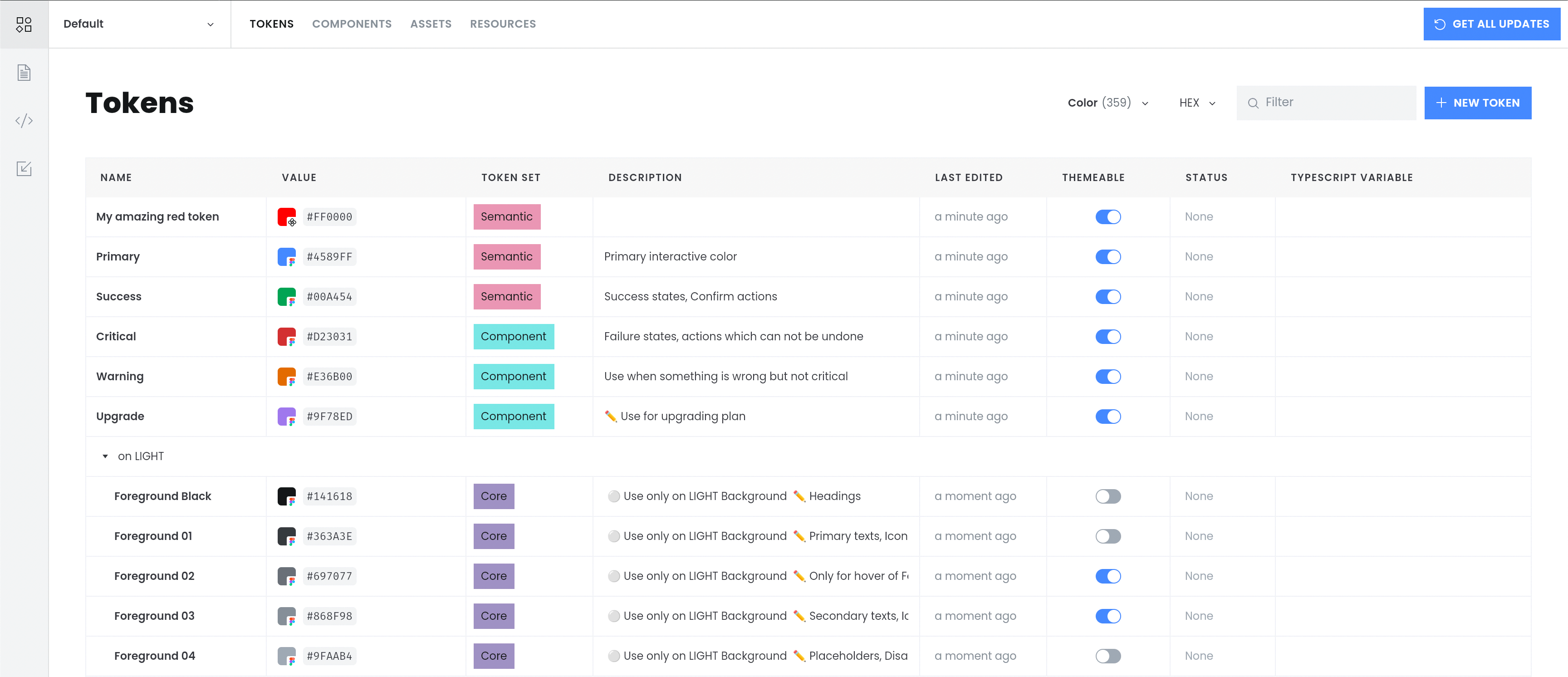 Image showing how to manage your design tokens from tokens view in Supernova.