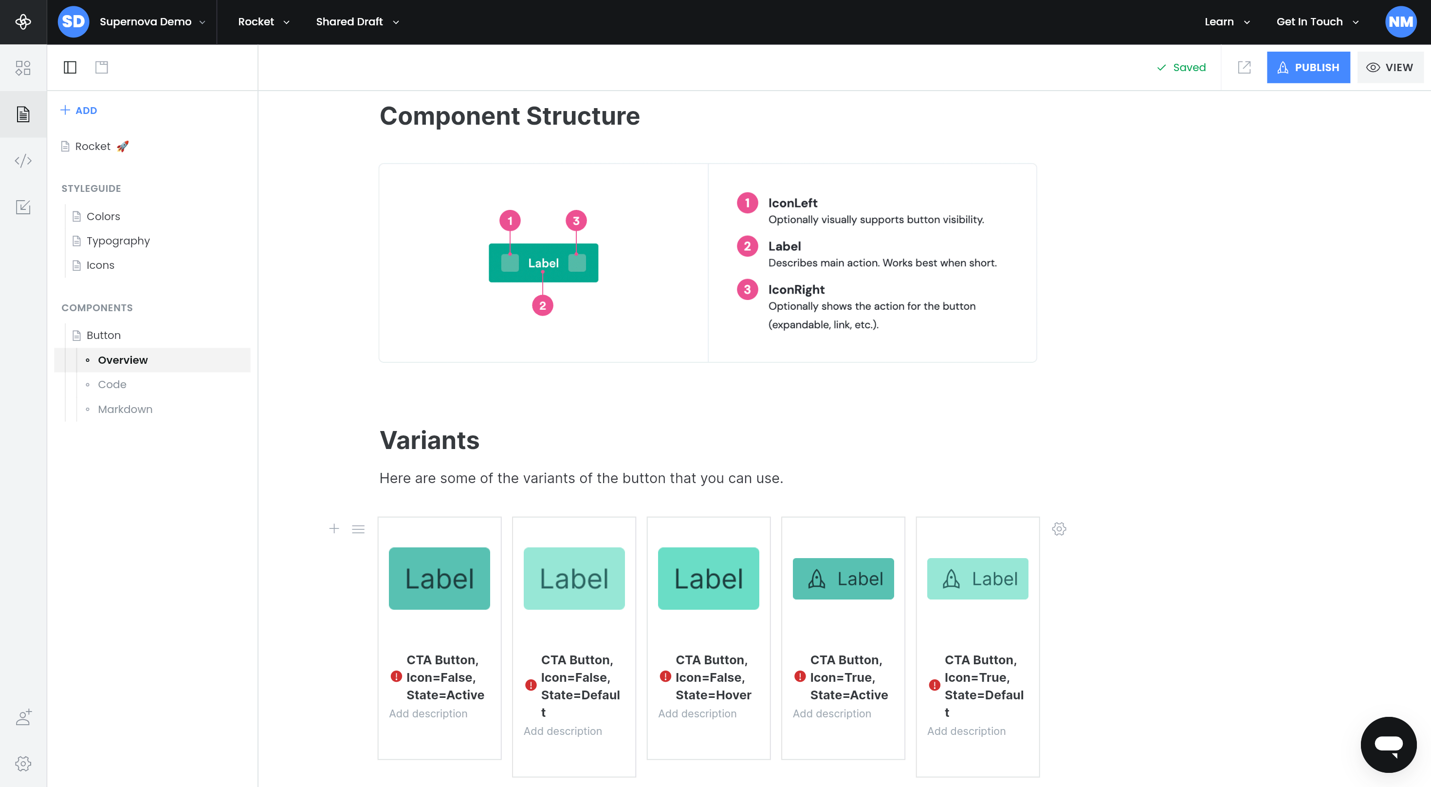 Image of design system components documentation structure in Supernova.