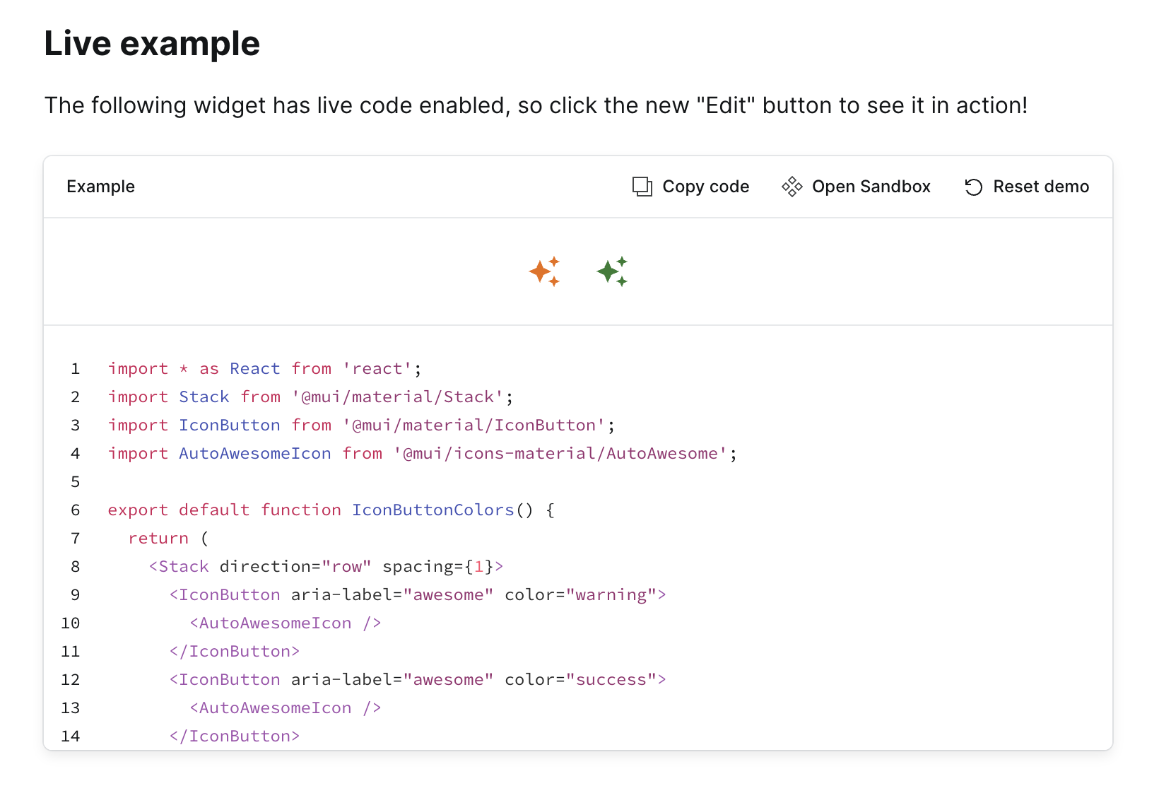 A React code block inside Supernova's documentation